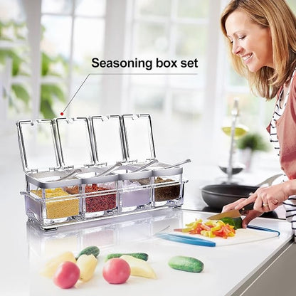 Acrylic Seasoning Box Set, 4 Piece Clear Premium Quality Storage Rack Spice Pots Condiment Jars for Salt Sugar Cruet Kitchen Organization Containers with Cover and Spoon