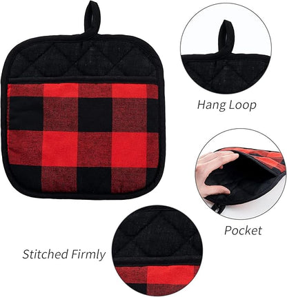 Joyhalo 4 Pack Pot Holders for Kitchen,Cotton Oven Holder with Great Heat Resistance,Non Slip Hot Pads for Kitchen Clearance,Black and Red