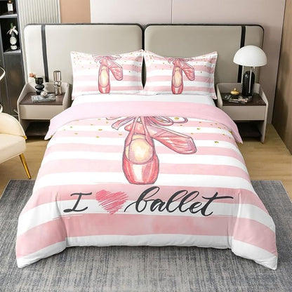 Ballet Shoes 100% Natural Cotton Duvet Cover Set King Size Pink White Stripes Comforter Cover with 2 Pillowcases Glitter Polka Dot Pattern Bedding Set for Bedroom Birthday Gifts(No Filler)