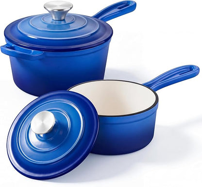 2 Pcs Enameled Sauce Pan with Lid, Leonyo 1 Qt & 2 Qt Cast Iron Saucepan Set, Small Dutch Oven Kitchen Pots for All Cooktops Cooking Pasta, Milk, Oatmeal - Up to 500°F, Dark Blue