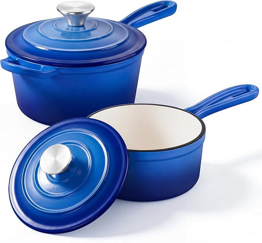 2 Pcs Enameled Sauce Pan with Lid, Leonyo 1 Qt & 2 Qt Cast Iron Saucepan Set, Small Dutch Oven Kitchen Pots for All Cooktops Cooking Pasta, Milk, Oatmeal - Up to 500°F, Dark Blue