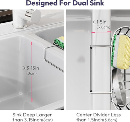 SWTYMIKI Sponge Holder for Kitchen Sink - Movable Sink Caddy with Smiley Face Sponge Holder, Rustproof Hanging Sponge Organizer in Double Bowl Sinks Depth>3.15in, Middle Divider<1.5in, Silver