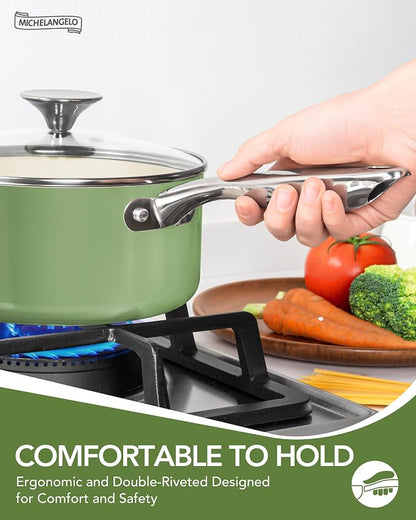 MICHELANGELO Pots and Pans Set Non Stick 8 Piece Ceramic Cookware Set Green | PFAS-Free Green Ceramic Nonstick Cookware Set for Eggs, Fish, Vegetables, Low-Oil Cooking and Induction Stoves, Easy Cleanup