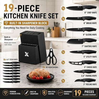 XANAPON 19-Piece Black Kitchen Knife Set with Block and Built-in Sharpener, High Carbon Stainless Steel Chef Knives Set for Kitchen with 8 Steak Knives, Ergonomic Handles, Perfect Housewarming Gift