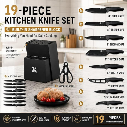 XANAPON 19-Piece Black Kitchen Knife Set with Block and Built-in Sharpener, High Carbon Stainless Steel Chef Knives Set for Kitchen with 8 Steak Knives, Ergonomic Handles, Perfect Housewarming Gift