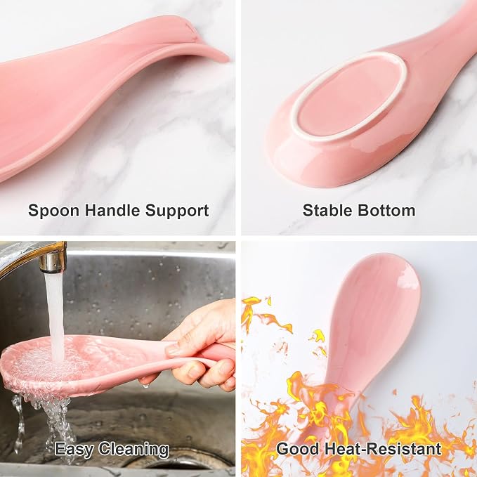 Hasense Spoon Rest for Stove Top, Large Ceramic Spoon Holder for Kitchen Counter Home and Coffee Bar, Cooking Utensil Rest for Spatula Ladle Spoon and Tong, Housewarming Gift, Pink