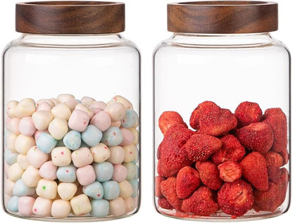 2 PCS Large Glass Jars with Wooden Airtight Lid 60 oz /1800ml,Clear Ground Coffee Bean Storage Canister with Screw Lid Glass Food Contianer for Pantry Sugar Tea Spice Cookies Salts (1800ml/60oz-2PACK)