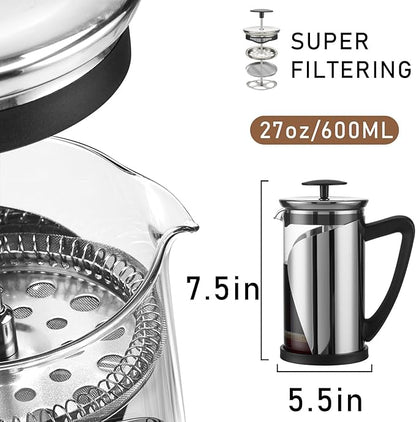 KYZ French Press Coffee Maker, 304 Stainless Steel with 4 Level Filter, 20oz Borosilicate Glass Coffee Press, Heat Resistant, Easy to Clean, 100% BPA Free for Coffee & Tea