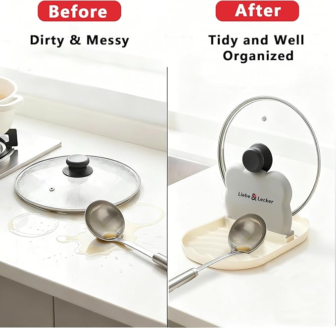 Liebe&Lecker Spoon Rest with Pot Lid Holder, 2-in-1 Upright Kitchen Organizer for Stove Top & Counter, Heat-Resistant Utensil Rest for Spatulas, Ladles & Lids, BPA-Free Kitchen Cooking Gadget