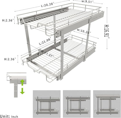 EZKAZA Pull Out Cabinet Organizer 11.5" W x 21" D, 2-Tier Kitchen Cabinet Pullout Shelf and Drawer Organizer Slide Out Pantry Storage Basket, 10.2" W x 21" D x 2.4" H for Bottom Basket Size