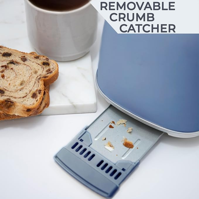 Rae Dunn Retro Rounded Bread Toaster, 2 Slice Stainless Steel Toaster with Removable Crumb Tray, Wide Slot with 6 Browning Levels, Bagel, Defrost and Cancel Options, Navy
