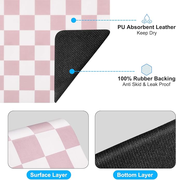 CooRug Checkered Dish Drying Mat for Kitchen Counter, Absorbent Non-Slip Coffee Mat, Heat Resistant Mat for Countertops Coffee Bar Decor 16" x 24" Pink