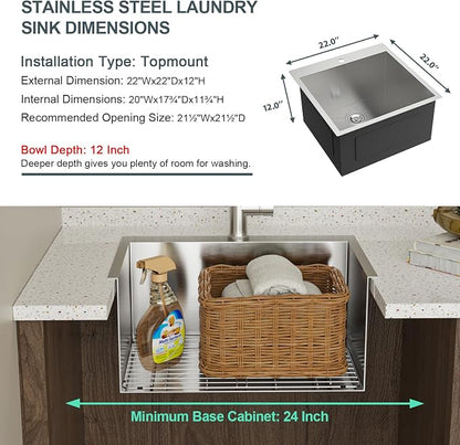 Lordear Drop In Laundry Sink with Faucet 22"x22"x12" Topmount Utility Sink 16 Gauge Stainless Steel Single Bowl for Laundry Room