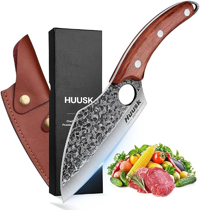 Huusk Hand Forged Meat Cleaver - Butcher Knife for Meat Cutting, Japanese Kitchen Viking Knife with Sheath, Cooking Knives for Kitchen and Outdoor Camping, Thanksgiving Christmas Gifts