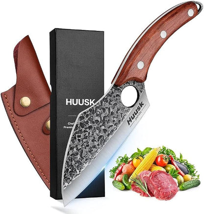 Huusk Hand Forged Meat Cleaver - Butcher Knife for Meat Cutting, Japanese Kitchen Viking Knife with Sheath, Cooking Knives for Kitchen and Outdoor Camping, Thanksgiving Christmas Gifts