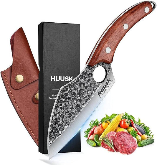 Huusk Hand Forged Meat Cleaver - Butcher Knife for Meat Cutting, Japanese Kitchen Viking Knife with Sheath, Cooking Knives for Kitchen and Outdoor Camping, Thanksgiving Christmas Gifts