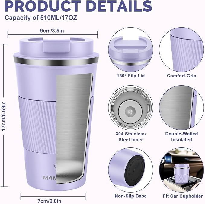 MOMSIV 17oz Travel Mug, Insulated Coffee Cup with Leakproof Lid, Travel Coffee Mug Vacuum Stainless Steel Double Walled Reusable Coffee Cup for Hot and Cold Water Coffee