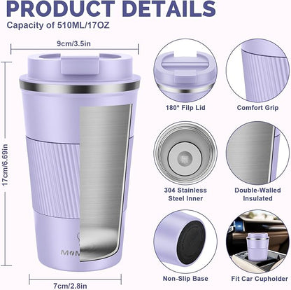 MOMSIV 17oz Travel Mug, Insulated Coffee Cup with Leakproof Lid, Travel Coffee Mug Vacuum Stainless Steel Double Walled Reusable Coffee Cup for Hot and Cold Water Coffee