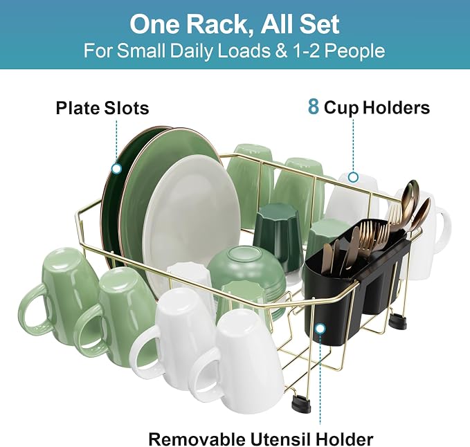 GSlife Small in Sink Dish Drying Rack - Stainless Steel Compact Dish Drainer for RV Kitchen Apartment Sink, Rust Resistant Inside Sink Rack, 1–2 Person Households, 11.6" W x 13.4" L, Champagne Gold