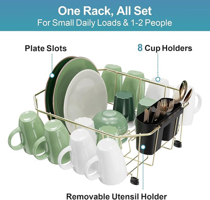 GSlife Small in Sink Dish Drying Rack - Stainless Steel Compact Dish Drainer for RV Kitchen Apartment Sink, Rust Resistant Inside Sink Rack, 1–2 Person Households, 11.6" W x 13.4" L, Champagne Gold