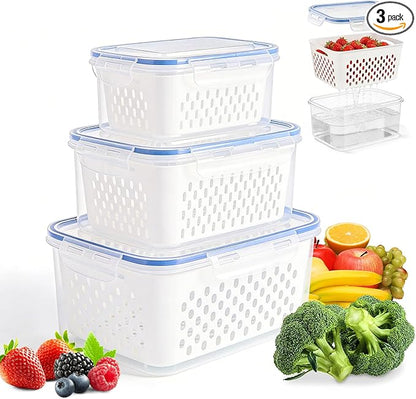 3PC-4 in 1 Food Storage Container, Fruit Storage Containers for Fridge, Produce Storage Containers with Lid and Strainer, Including Drain Basket, Multipurpose Large Fruit Containers for Fridge (White)