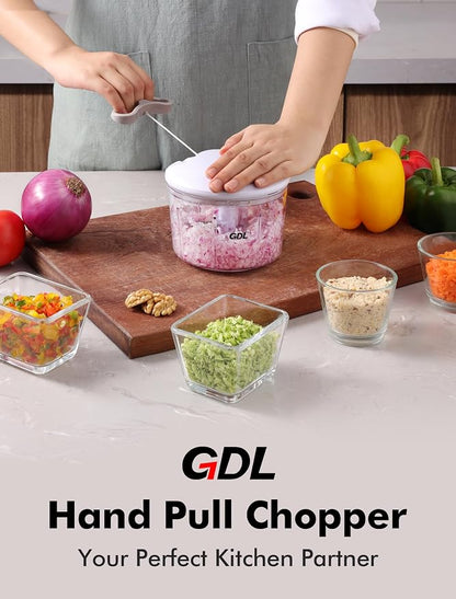 GDL Food Chopper, Pull Onion Chopper Dicer, Hand Powered Food Chopper, Fast Cutting Hand Chopper Mincer for Oinon, Garlic, Nut, 3.4 Cups 0.8L, White