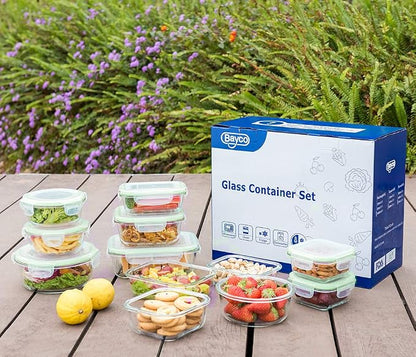 Bayco Glass Food Storage Containers with Lids, [24 Piece] Glass Meal Prep Containers, Airtight Bento Boxes, Leak Proof (12 lids & 12 Containers) - Green