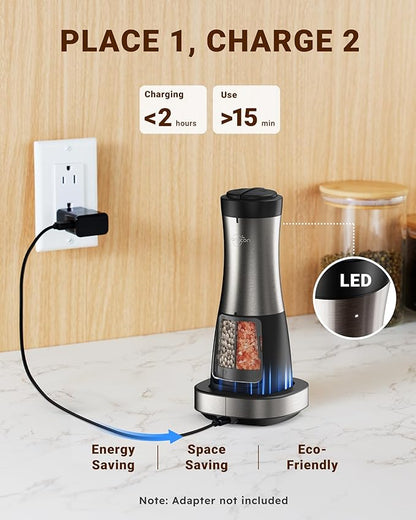 Sangcon 2-in-1 Rechargeable Salt and Pepper Grinder, USB-C Charging Base, One-Handed Automatic Grinder with Adjustable Coarseness & Light, Dual-Chamber Refillable Mill, Housewarming Gifts for Cooks