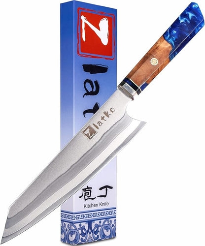 Zlatko Chef Knife, Japanese Chef Knife, 8 Inch Hand Forged Kiritsuke Chef Knife, 440C High Carbon Stainless Steel Ultra Sharp Chef's Knife With Gift Box (Maple & Resin Handle)