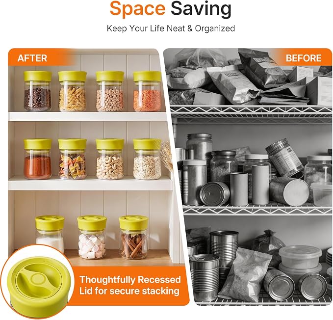 Airtight Glass Storage Jar with Rotary Lid, 17oz Borosilicate Decorative Glass Container Jar with Measurement Marks, Wide Mouth Mason Jar for Coffee Beans, Overnight Oats, Sugar, Snacks, Nuts