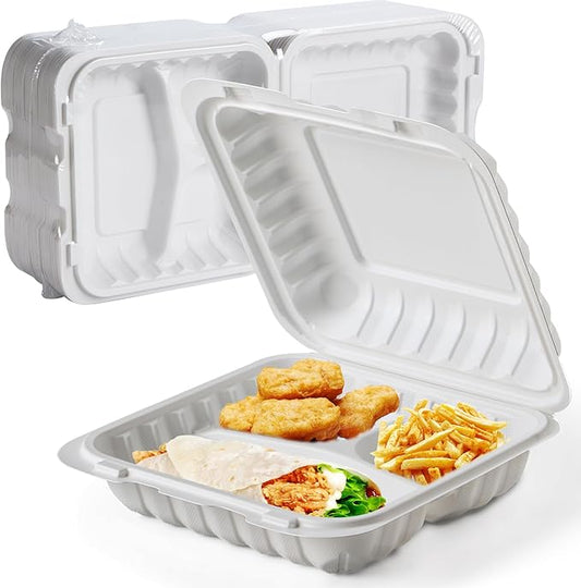 Food Containers 8" 34 oz 55 Pack - Shrink Wrapped Ready to Use | 3 Compartment Mineral Filled PP Clamshell | Microwave & Freezer Safe | BPA Free White To Go Boxes for Meal Prep & Leftovers