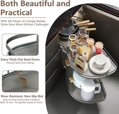 Blind Corner Cabinet Organizer Pull Out, 2 Tier Magic Corner Pull Out Shelves for Kitchen Storage, Soft Close Adjustable Height Organizer, Heavy Duty Metal Rack for Pots, Pans and Pantry Items