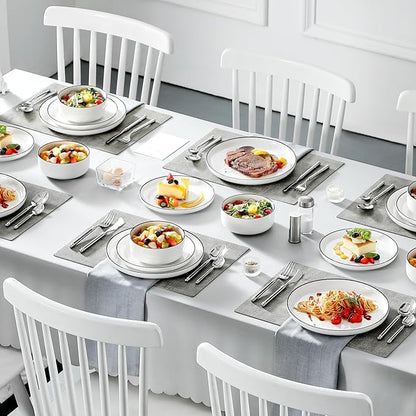 MALACASA Plates and Bowls Sets, 18 Pieces Modern Porcelain Dinnerware Set for 6 White Kitchen Dinner Ware Set wtih Black Rim Ceramic Dishware Dishes Microwave and Dishwasher Safe, Series LUNA