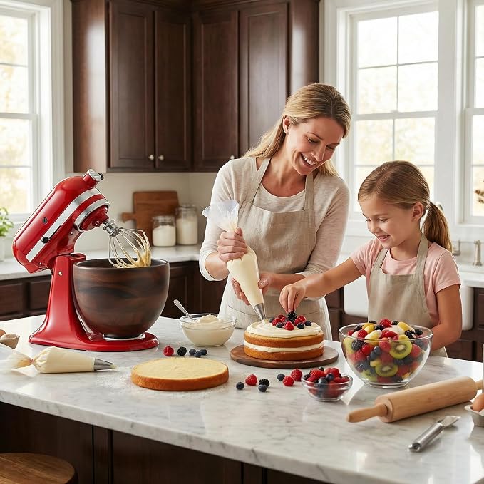 GVODE Premium Wooden Bowl for KitchenAid Mixer, Perfect Compatible with 4.5-5 Quart Tilt-Head Models (K45 KSM75 KSM150 KSM175), Natural Handcrafted Wooden Bowl with Stainless Steel Locking Base