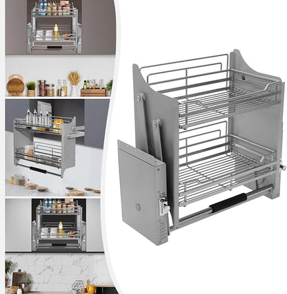 22in Pull Down Shelf, 2-Tier Pull Down Shelf for Upper Cabinets, Kitchen Spice and Dishes Pull-Out Storage Shelf, High Cabinet Organizer Large Storage Space for Snack, Bowl (Dark Grey)