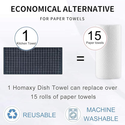 Homaxy 100% Cotton Terry Kitchen Towels(Dark Grey, 20 x 28 inches), Checkered Designed, Soft and Super Absorbent Dish Towels, Large 6 Pack