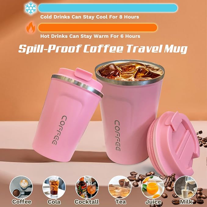 SPLMIFA Travel Coffee Mugs Leak-Proof, Reusable Coffee Cups with Lids, Stainless Steel Vacuum Insulated Coffee Tumblers, Thermal Insulation Cups for Men and Women Hot & Cold Drinks(2nd-Pink, 17OZ)