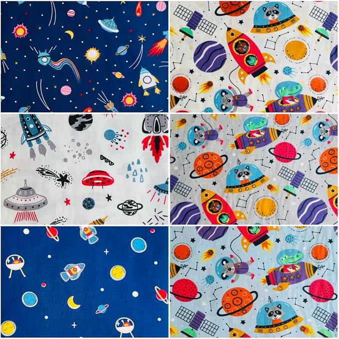 DMFR Galaxy Fabric Squares 5 x 5 Inch, 42 Pcs Cotton Charm Pack Fabric for Quilting, Space Precut Quilt Squares with Rocket Planet Prints for Baby Boy, Kids Sewing, Patchwork and DIY Crafts