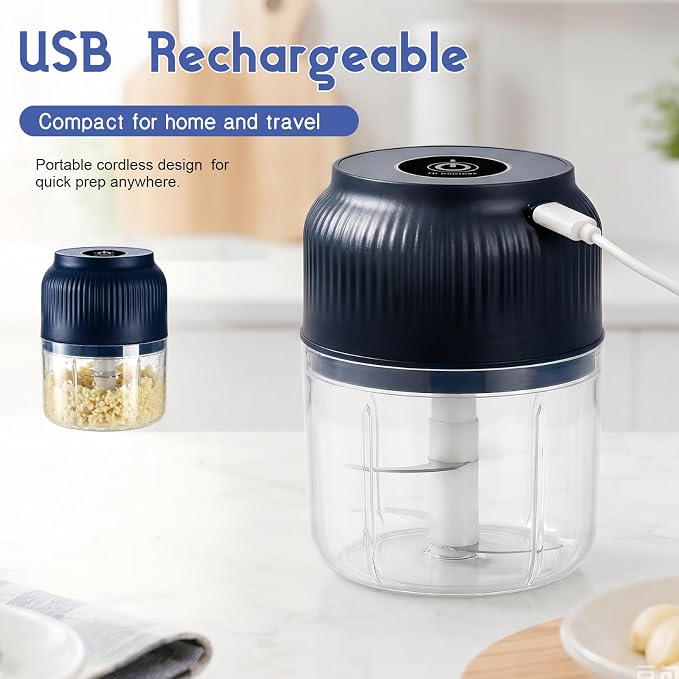 Electric Garlic Chopper, 2026 New Mini Food Processor & Food Chopper for Kitchen, Portable Cordless Garlic Mincer with 4 Stainless Steel Blades, Small Vegetable Chopper for Onion Salad (300ML Blue)