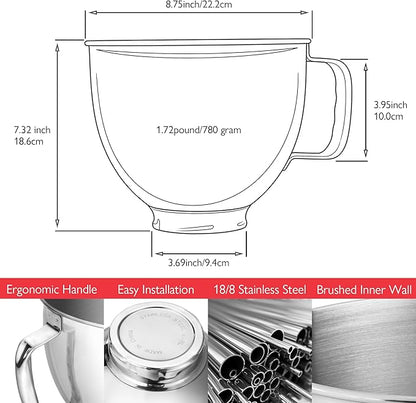 Stainless Steel Bowl for KitchenAid Classic&Artisan Series 4.5-5 QT Tilt-Head Mixer, 5 Quart 304 Stainless Steel Bowl with Handle, Dishwasher Safe
