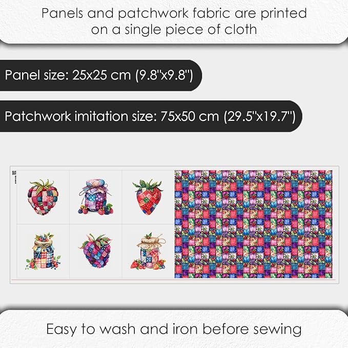 Patchwork Berry Jar Cotton Fabric Panel – 6 Designs (10×10 inch Each) + Bonus Sheet 29.5×19.6 inch, 100% Cotton 140 GSM, Made in Türkiye