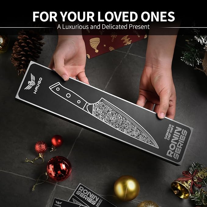 Damascus Chef Knife - Haugo 8 Inch Kitchen Knife with Japanese VG10 Steel Core - Full Tang Handle - Ultra Sharp Professional Cooking Knife - Ronin Series - Gift Box
