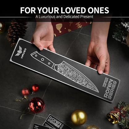 Damascus Chef Knife - Haugo 8 Inch Kitchen Knife with Japanese VG10 Steel Core - Full Tang Handle - Ultra Sharp Professional Cooking Knife - Ronin Series - Gift Box
