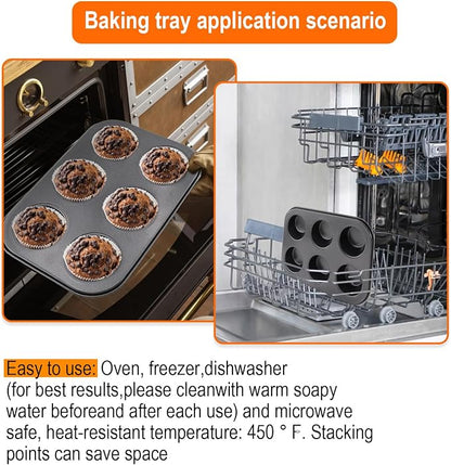 2 Packs Round Muffin Baking Pan, Premium Steel Muffin Pan for Baking, Cupcake Tin Cheesecake Pans, Bakeware Muffin Top Pan (6 Cups,Black)