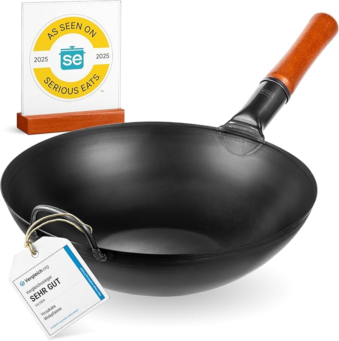YOSUKATA 13.5" Carbon Steel Wok Pan – Pre-Seasoned Flat Bottom Pow Wok for Stir Fry, BBQ, Grill & Camping – Traditional Japanese Chinese Cookware – Compatible with Induction, Electric, Gas, Open Fire