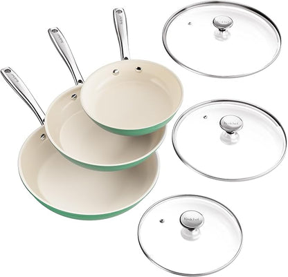 Redchef Nonstick 6-Piece Fry Pan Set, 8, 9.5, and 11 Inch Frying Pans with Tempered Glass Lids, Stay-Cool Handles, Dishwasher & Oven Safe, Induction Safe, Compatible with All Cooktops, Green