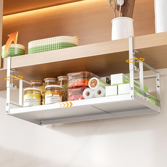 prueBox Under Shelf Storage Basket Organizer Adjustable Hanging Holder with Knob Lock, Heavy Duty Metal Panel for Pantry, Kitchen, Office, Closet, 11.8"-19.3" Wide, White, 1 Pack