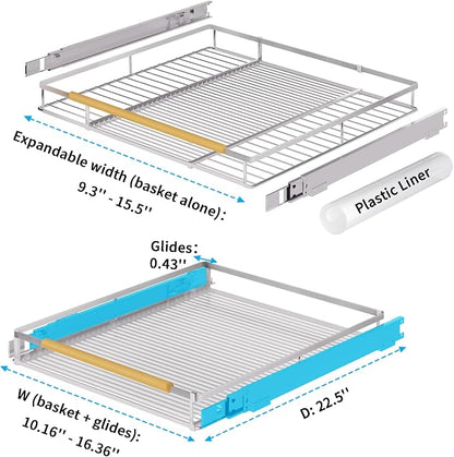 Expandable Pull Out Drawer Cabinet Organizer, Adjustable Width Bottom-Mounted Slide Out Storage Shelves for Cabinets, Required Cabinet Size (W: 10.16"~16.36", D≥22.5"), 2 Pack