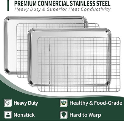 CEKEE 4 PCs Small Baking Sheet With Wire Rack Set [2 Pans + 2 Cooling Racks], 10 Inch Stainless Steel Tray - Rust & Warp Resistant, Easy Clean