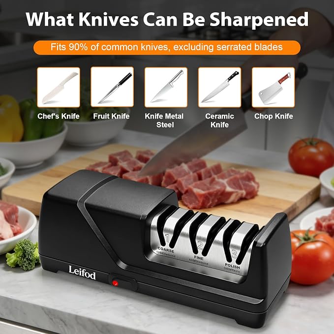 Electric Knife Sharpener, 3-Stage Kitchen Knife Sharpener with 15° Precision Angle Guide,100% Diamond Abrasives, Fast Sharpen Repair Polish Sharpener for Chef Knives Home Kitchen Beginner Use,Black